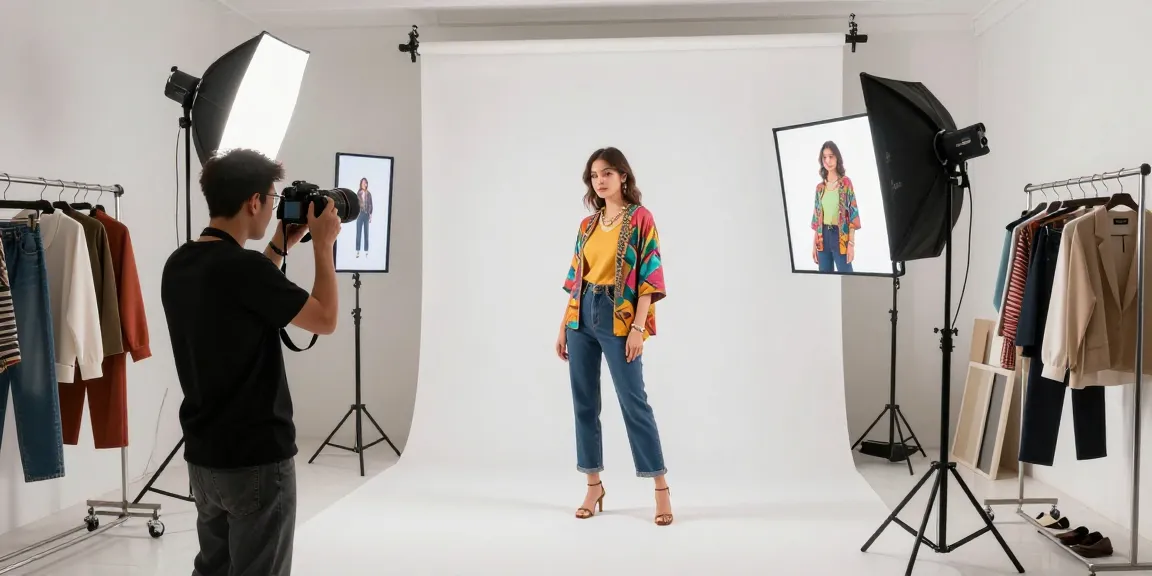 Fotografo ecommerce in studio con attrezzatura fotografica mentre prepara un servizio fotografico di moda.
