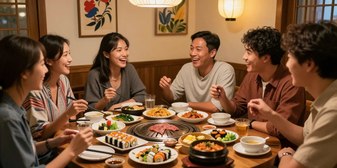 Enjoying vibrant Asian dishes at https://hanadultalk.com with friends in a cozy, cultural setting.