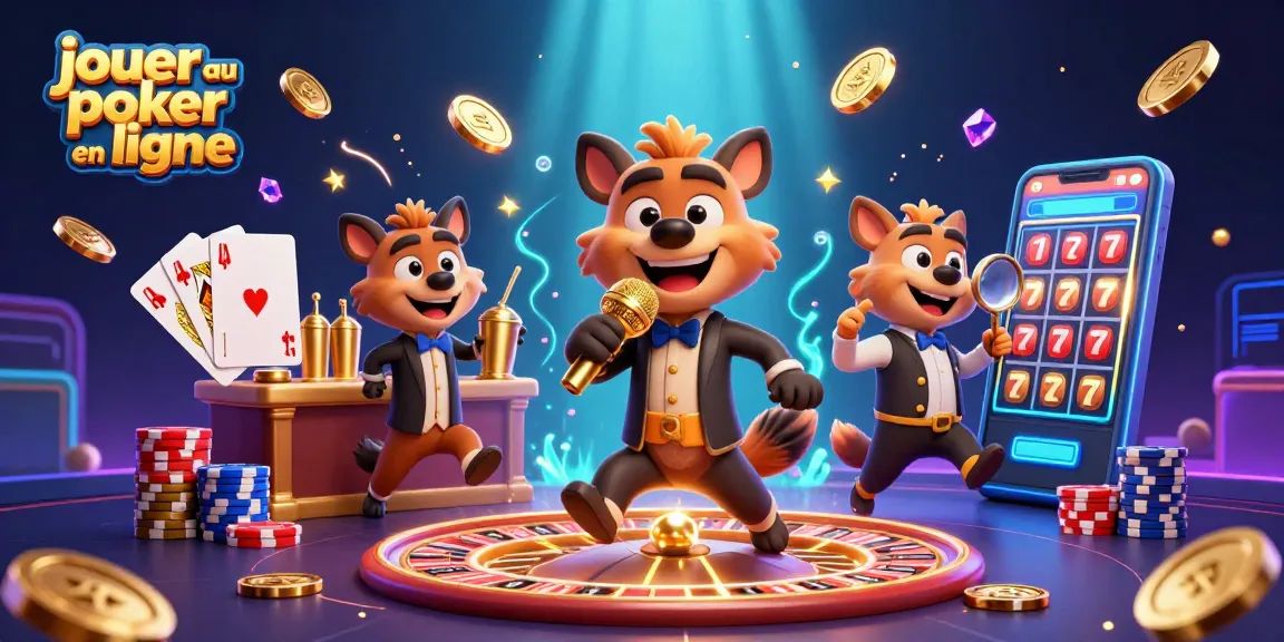Jouer au poker en ligne dans une scène dynamique avec des hyènes animées et des éléments de casino scintillants.