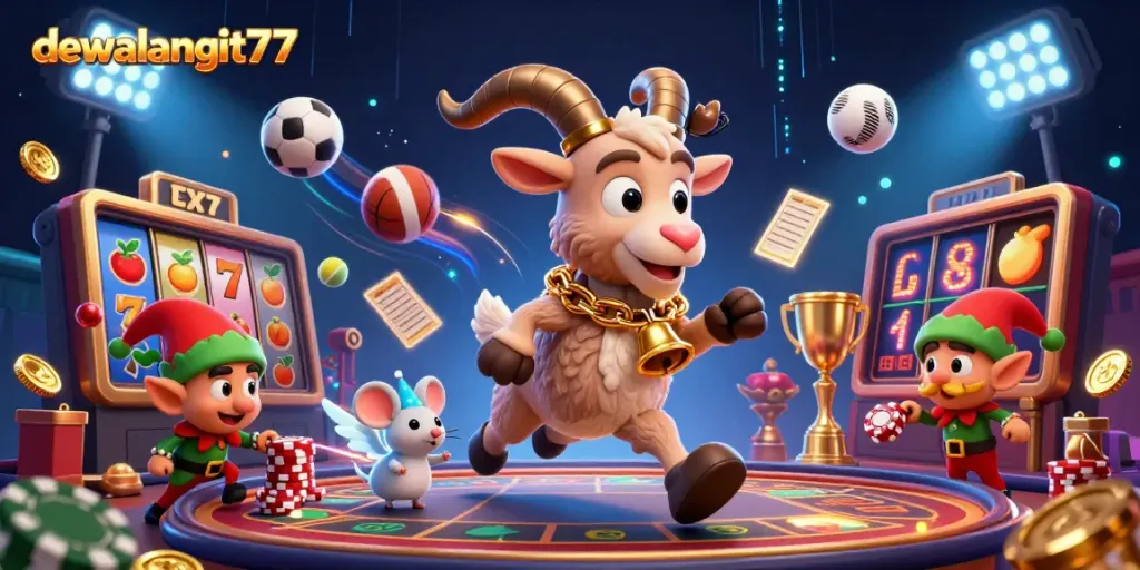 dewalangit77 menampilkan kasino meriah di mana Krampus, mouse malaikat, dan gremlin elf mencuri chip, dengan elemen permainan yang dinamis.