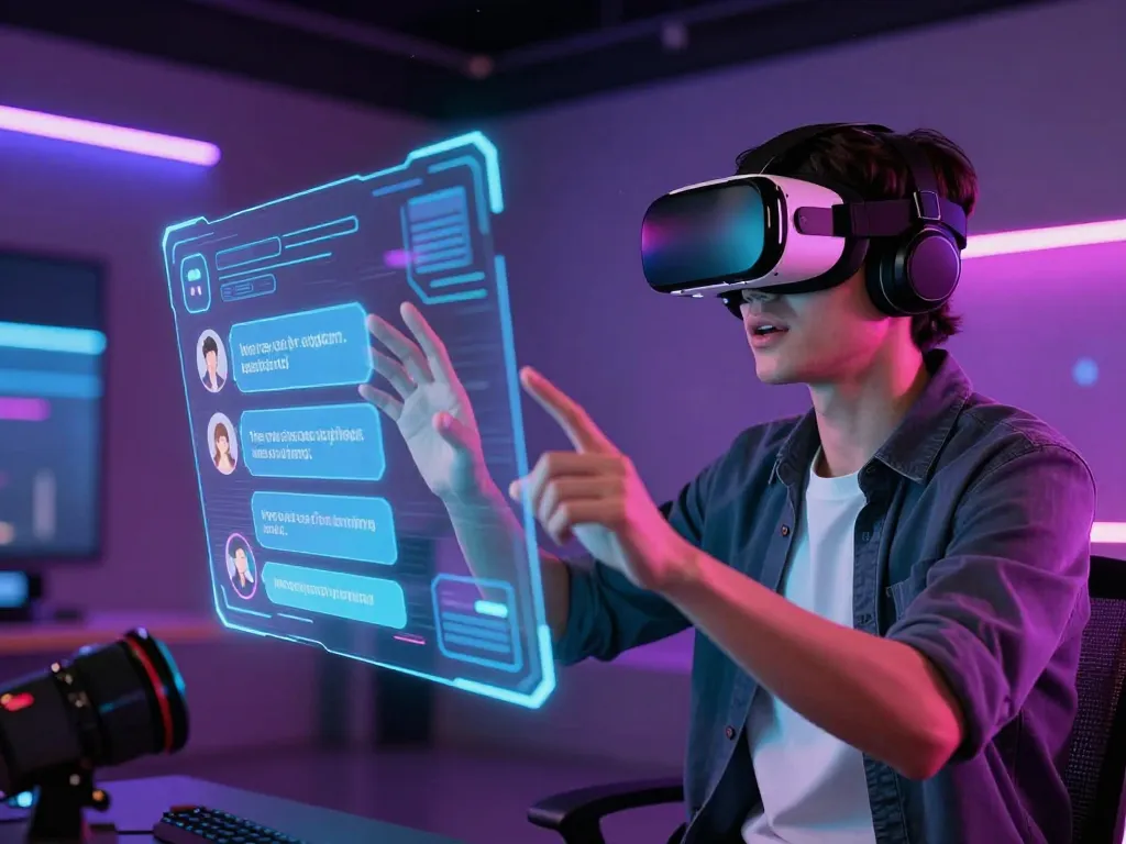Interactive NSFW AI chat scene showcasing user engagement with digital avatar technology in a vibrant neon-lit space.