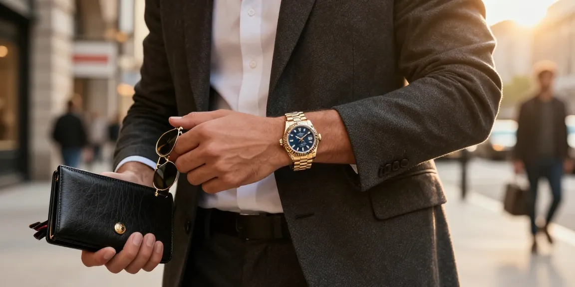 Showcase of super clone watches in a luxurious urban setting with a stylish individual adjusting a Rolex replica.