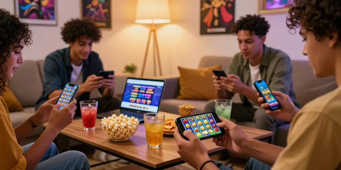 Friends enjoying the slot88 apk gaming experience together with animated slot game on their smartphone.