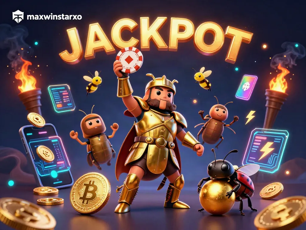 Maxwinstarxo showcases a vibrant 3D beetle hero lifting a poker chip, emphasizing gambling triumph.