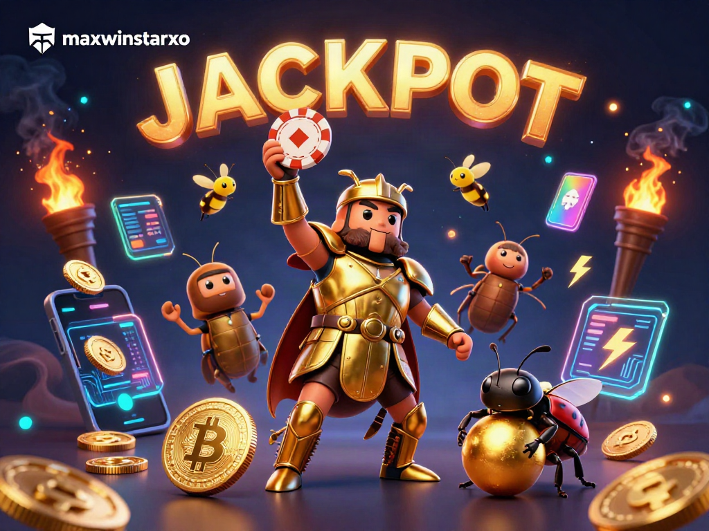Maxwinstarxo showcases a vibrant 3D beetle hero lifting a poker chip, emphasizing gambling triumph.