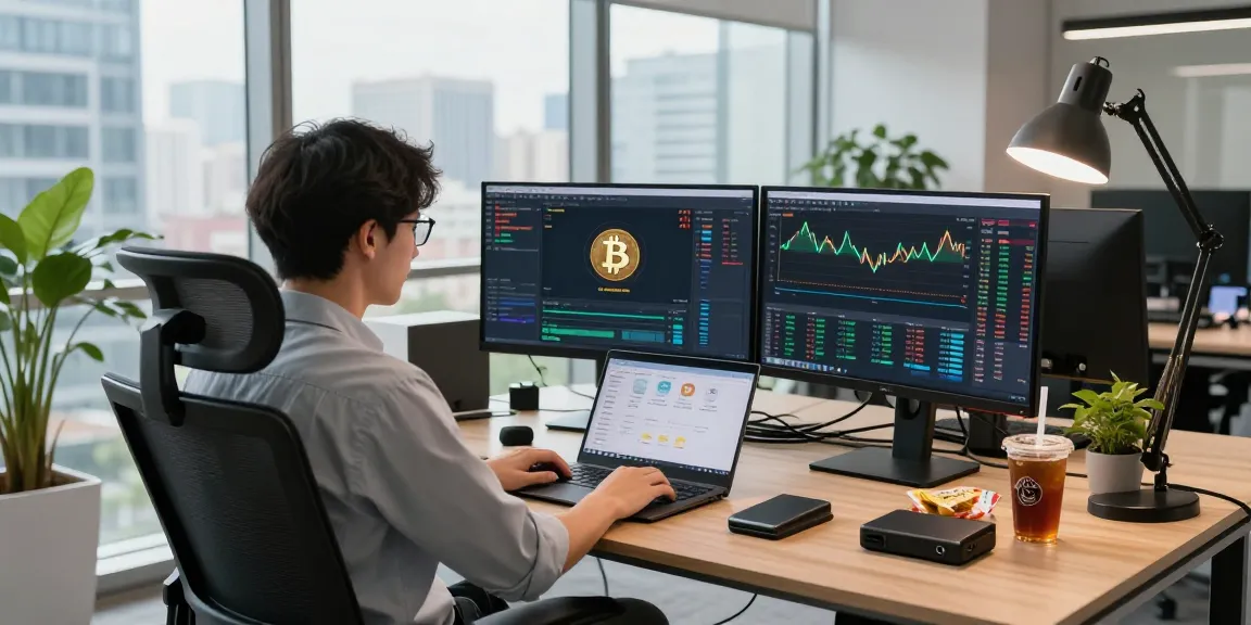 Bitcoin mining investment shown in a professional crypto workspace with mining software, market charts, and secure hardware wallet.