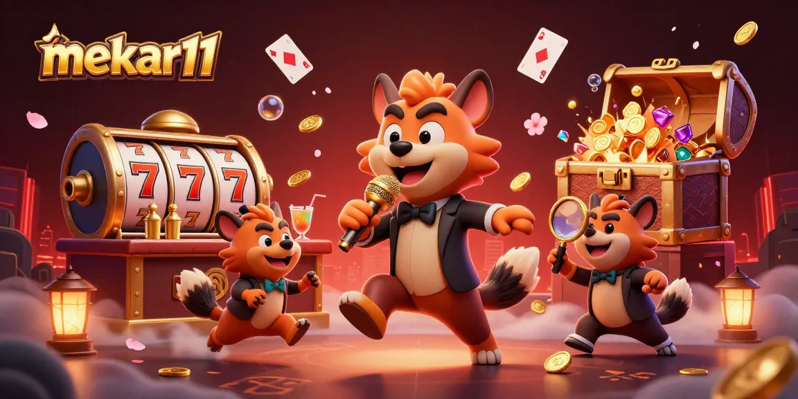 Mekar11 showcases a vibrant casino scene with hyenas in a comedy club, winning big on slot machines.