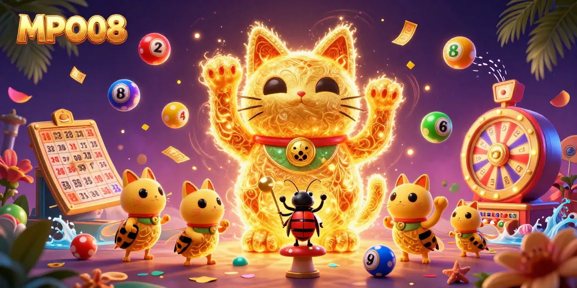 Experience the excitement of MPO08 with a vibrant illustration of a golden lucky cat and dynamic casino elements.