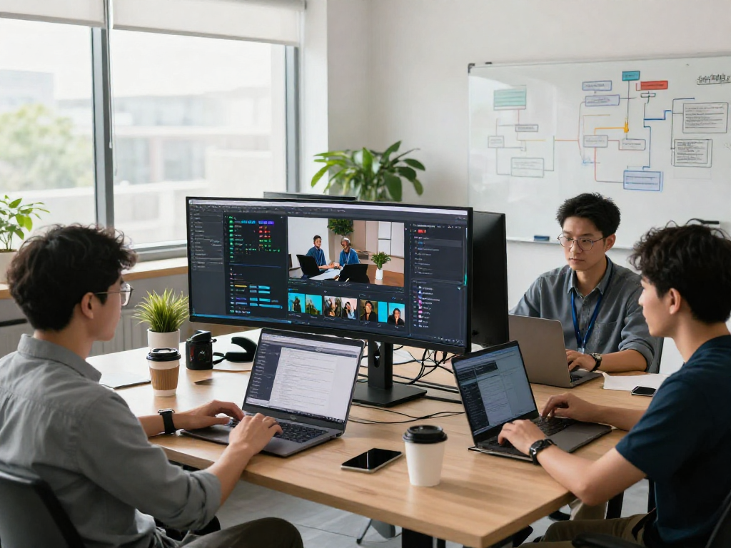 Advanced AI image detector in a dynamic tech workspace analyzing images for content moderation.