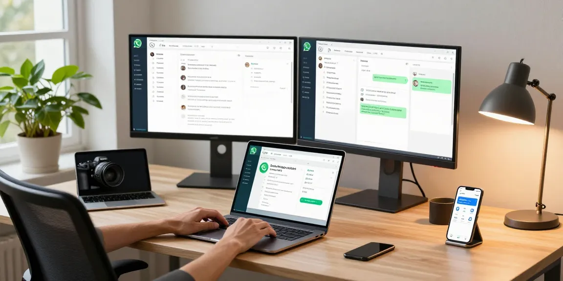 User engaging with WhatsApp網頁版 on a modern laptop in a sleek office environment.