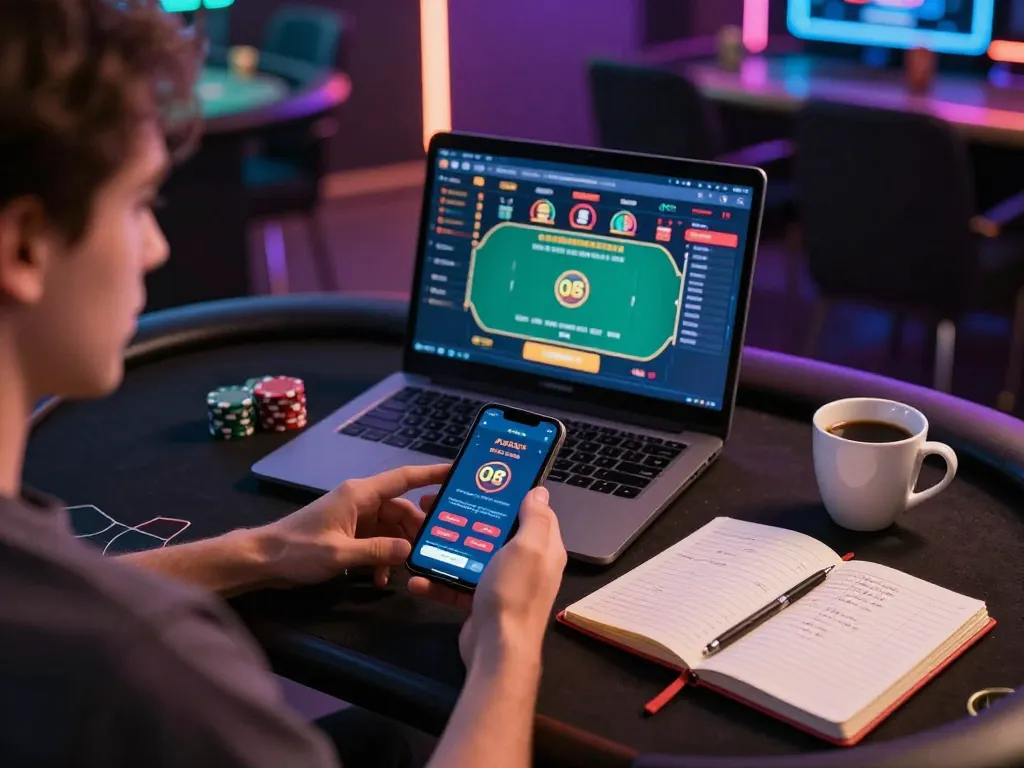 Player enjoying online poker at O8 casino on laptop and phone with strategy notes