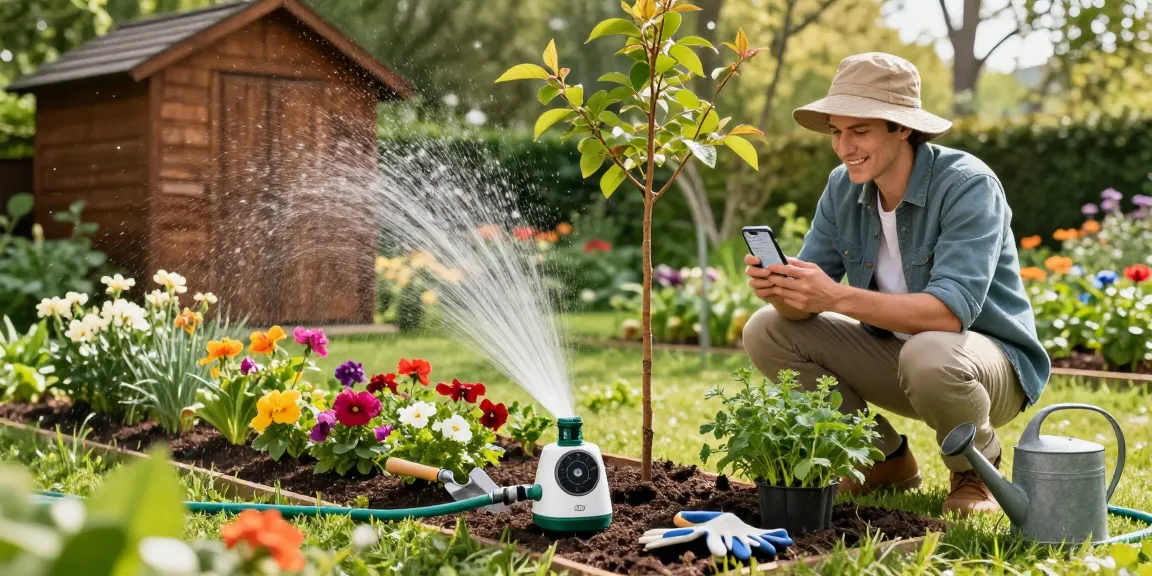 Gardener using rainpoint water timer in a vibrant home garden, ensuring optimal plant health.