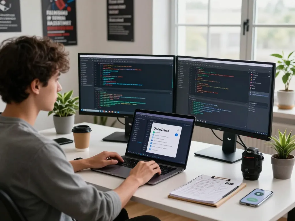 OpenClawd developer setting up AI assistant on dual monitors in modern workspace
