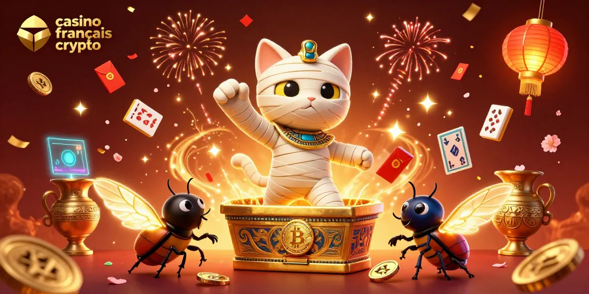 Recueillez vos gains au casino français crypto avec un chat momie égyptien et des pièces d'or flottantes.