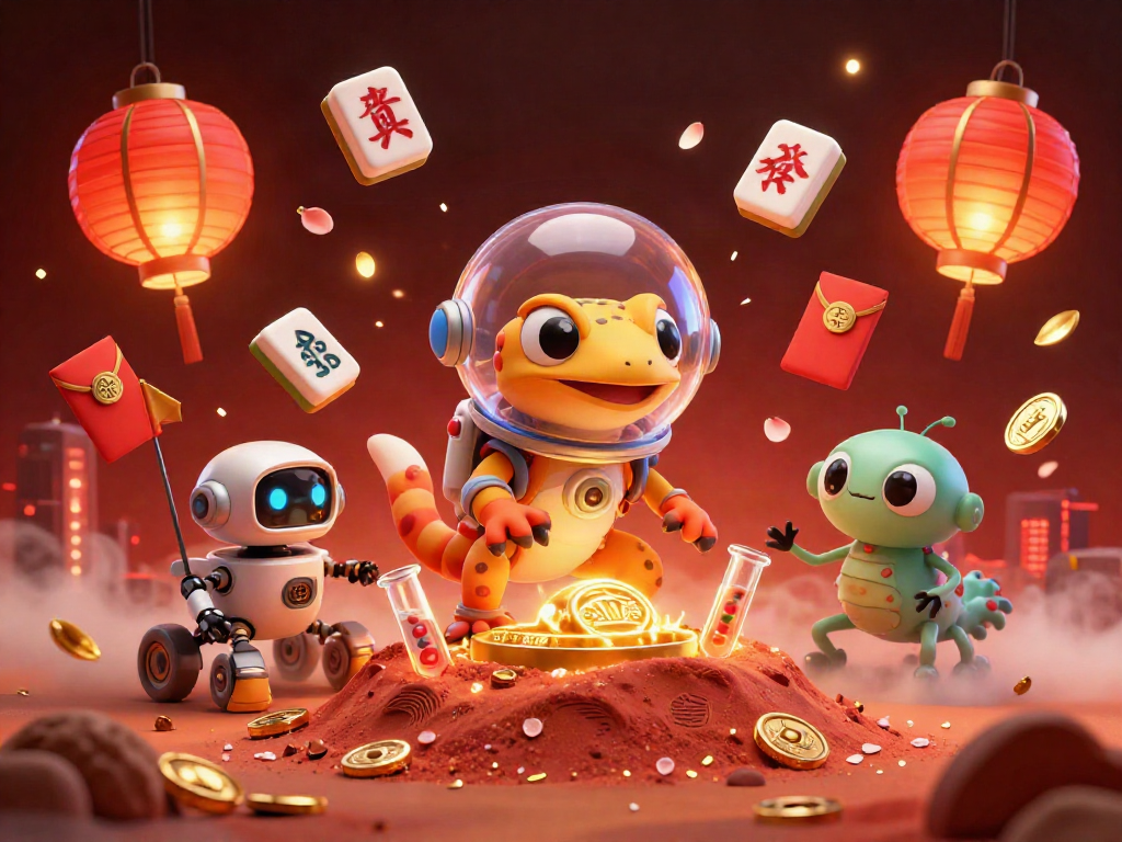 LLWIN features a Martian gecko discovering a golden casino surrounded by festive gambling elements in this vibrant digital illustration.