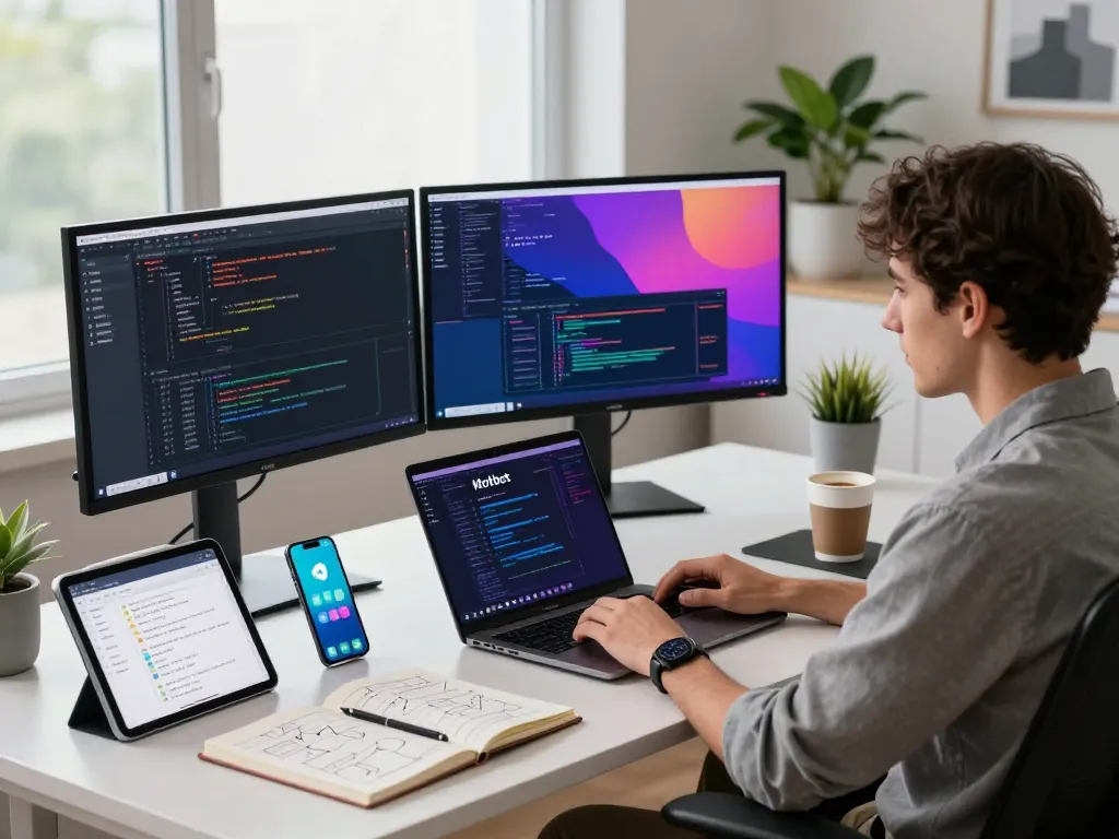 Developer leveraging moltbot ai in a modern workspace with coding screens and smart devices.