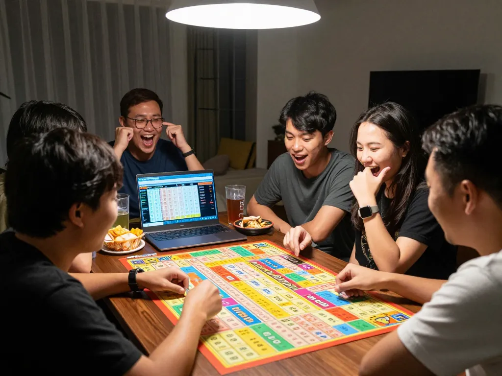 Friends enjoying Togel Hongkong lottery game, highlighting Data HK results and vibrant atmosphere.
