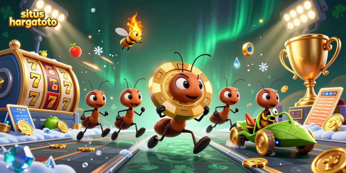 Situs hargatoto showcases a lively casino heist scene with ants and vibrant gambling elements.