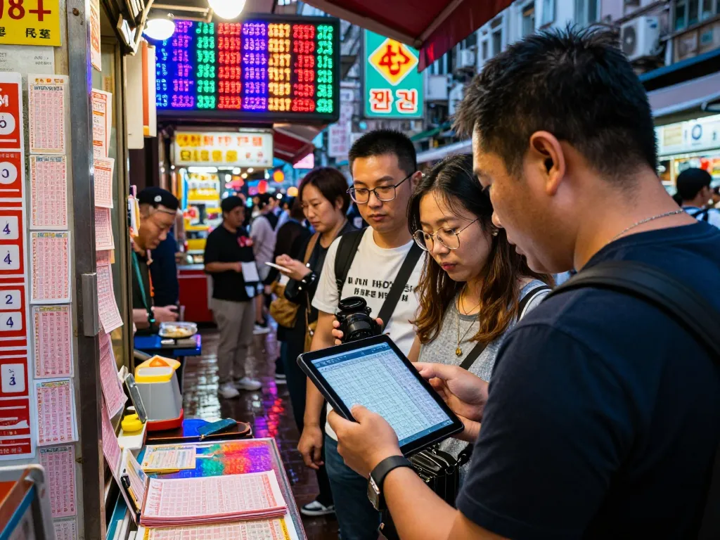 Excited player checking Data HK results at a bustling Hong Kong street stall.