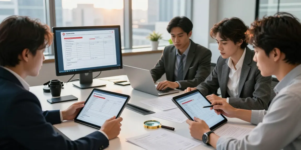 Detect fake invoice at a professional office table with team reviewing documents.