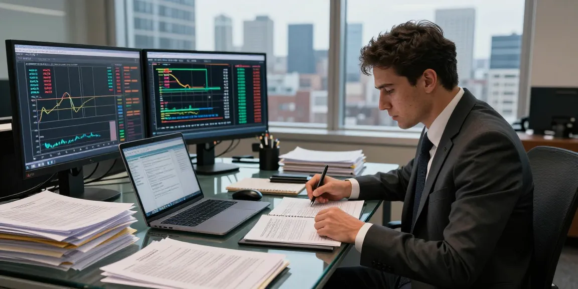 Asset tracing analysis scene showing professional reviewing financial documents and data patterns in a modern office.