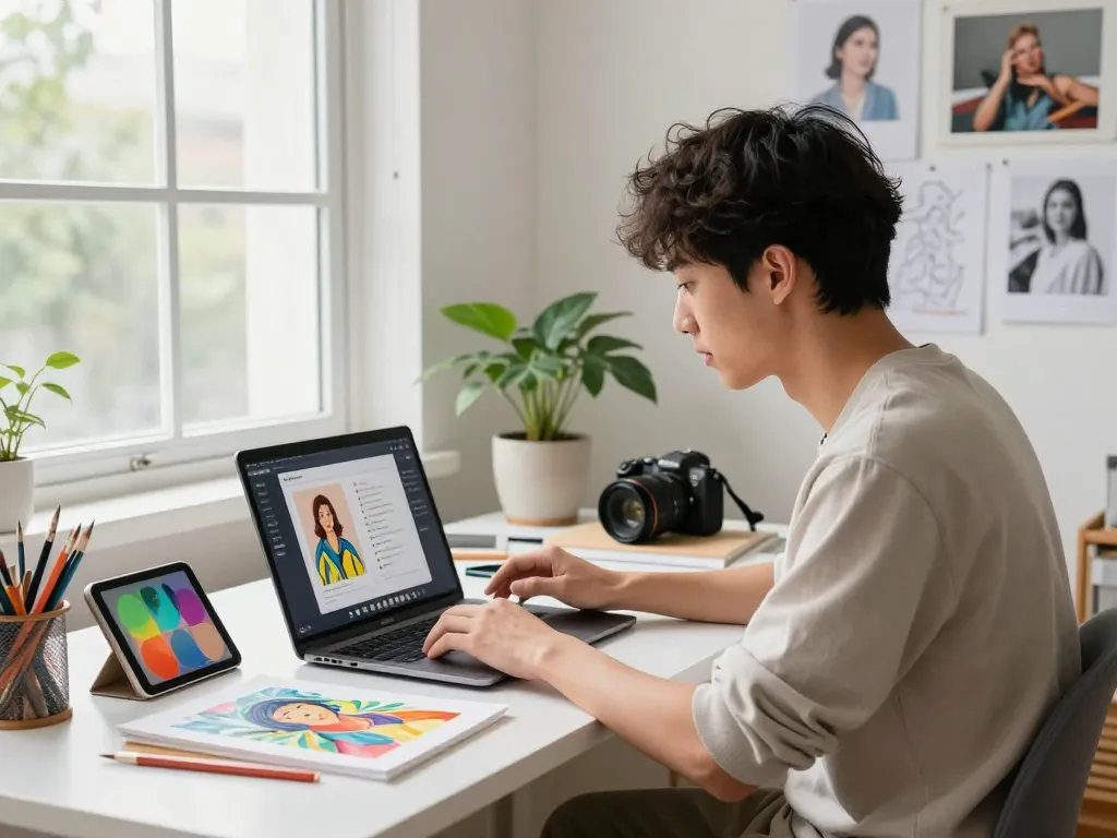 Creating prompts with image to prompt ai in a bright, creative workspace.