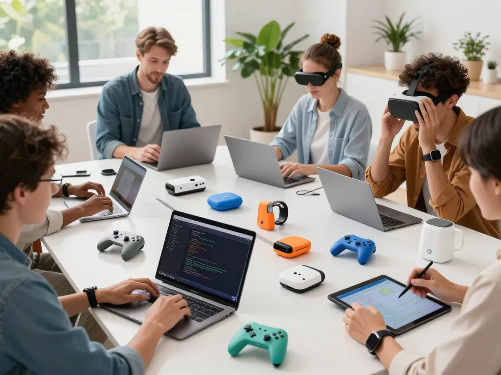 Showcasing unique tech gadgets, including Bluetooth devices, in a modern collaborative workspace.