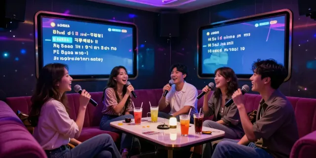 강남 도파민 가라오케에서 친구들이 함께 즐거운 시간을 보내는 모습, 화려한 조명과 노래 가사가 있는 화면이 특징입니다.