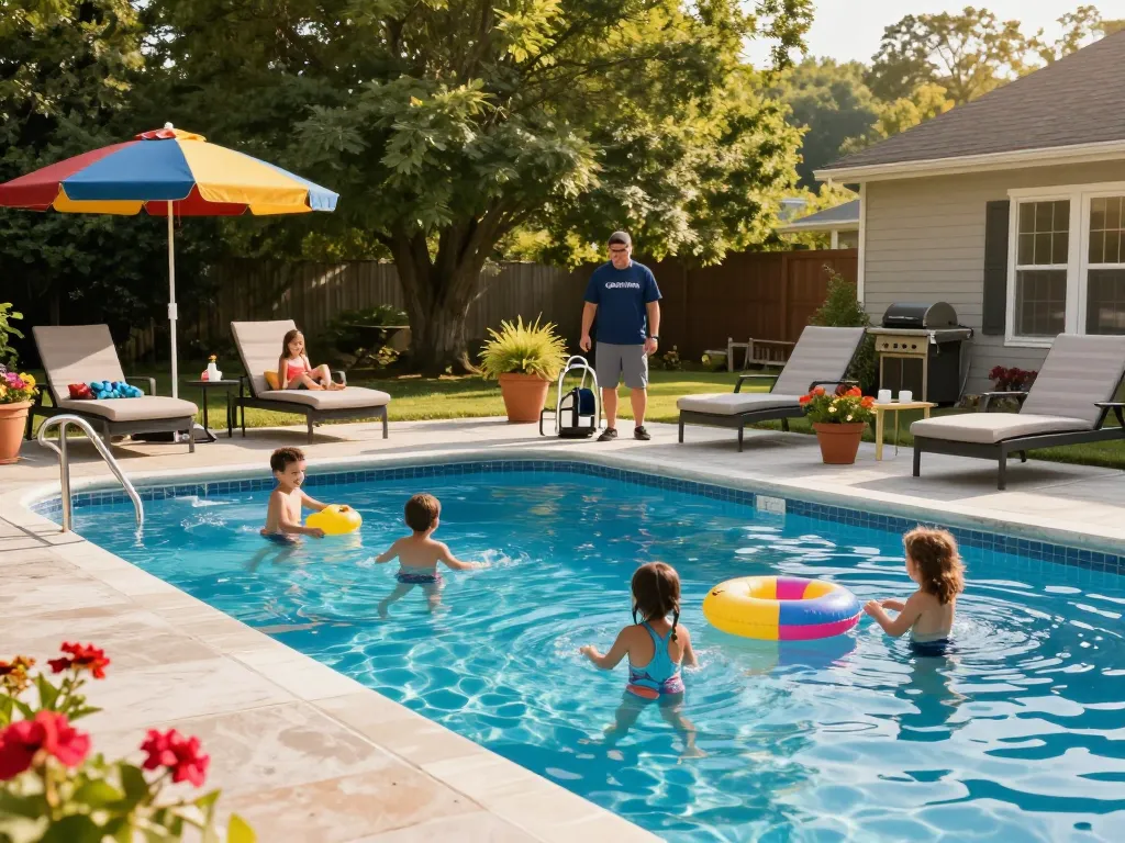 Dolphin Pool Services family enjoying a beautifully maintained pool in Virginia with certified technician nearby.