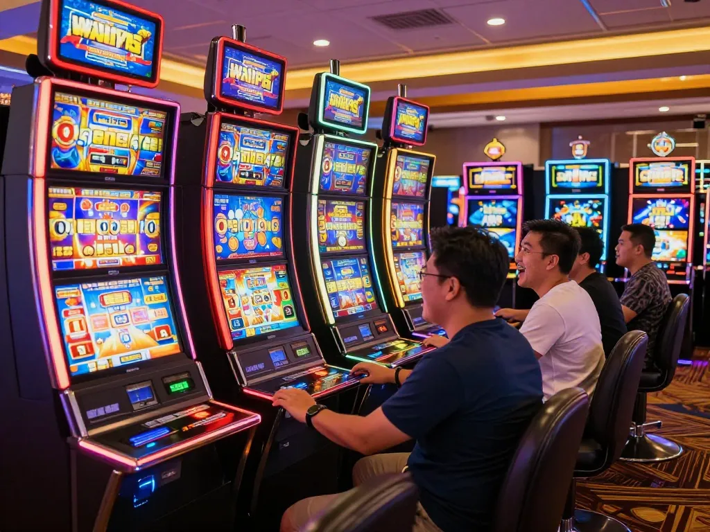 Players engaging with colorful slot machines at a casino, showcasing the excitement of situs slot gaming.