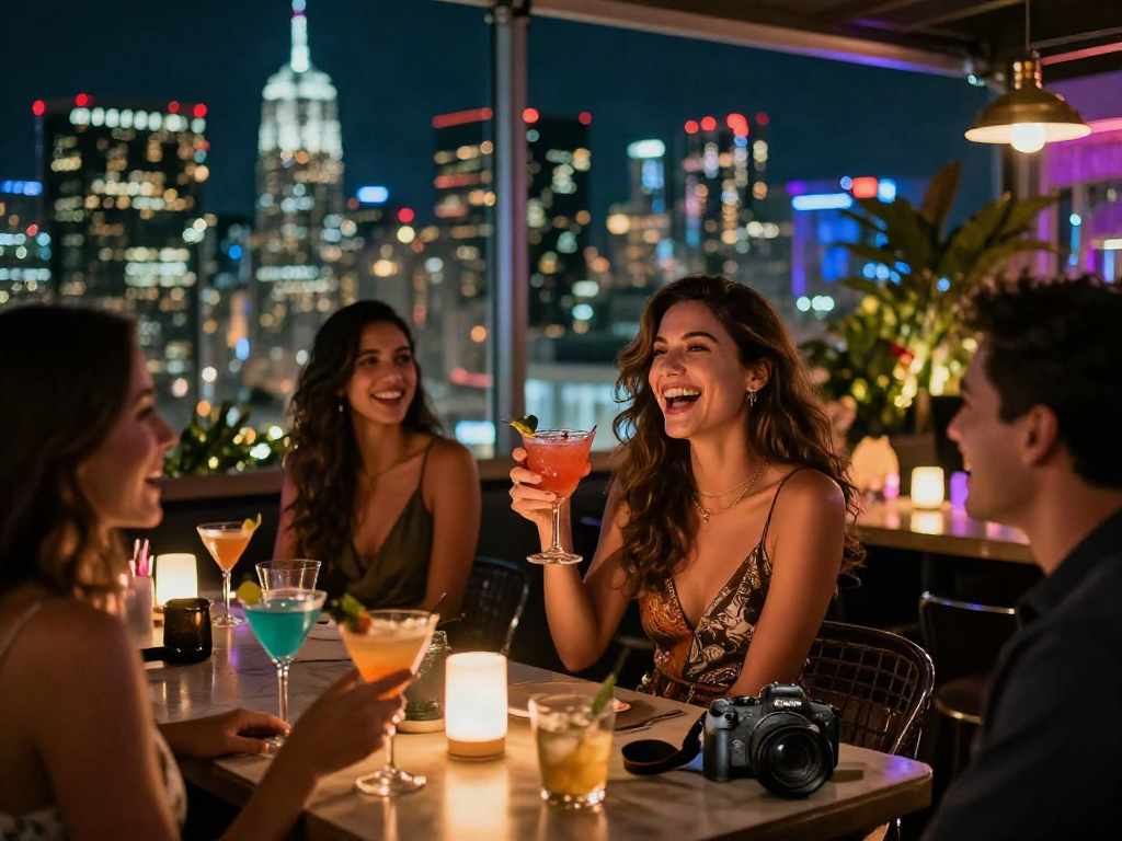 Ellie Nova enjoying a cocktail in a vibrant urban nightlife scene, showcasing her stylish outfit and the city skyline. ellie nova xxx