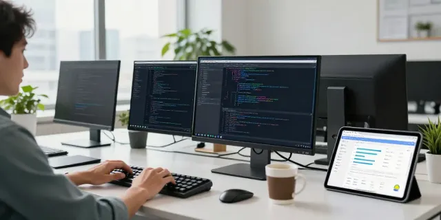 Instant indexing workspace with developer coding on multiple screens.