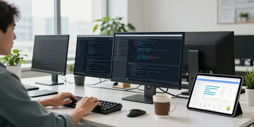 Instant indexing workspace with developer coding on multiple screens.