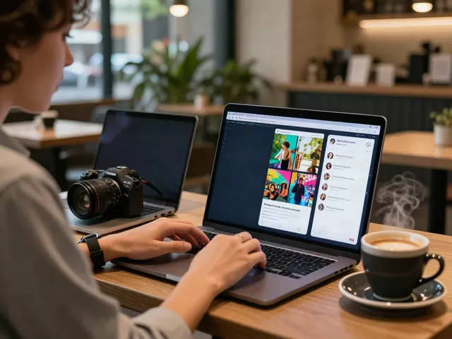 Person using AI image variations tool in a modern coffee shop.