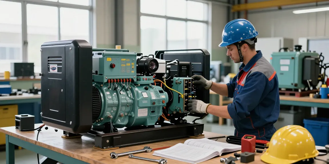 Technician inspecting a diesel genset in an industrial workshop, highlighting power specifications and safety practices.