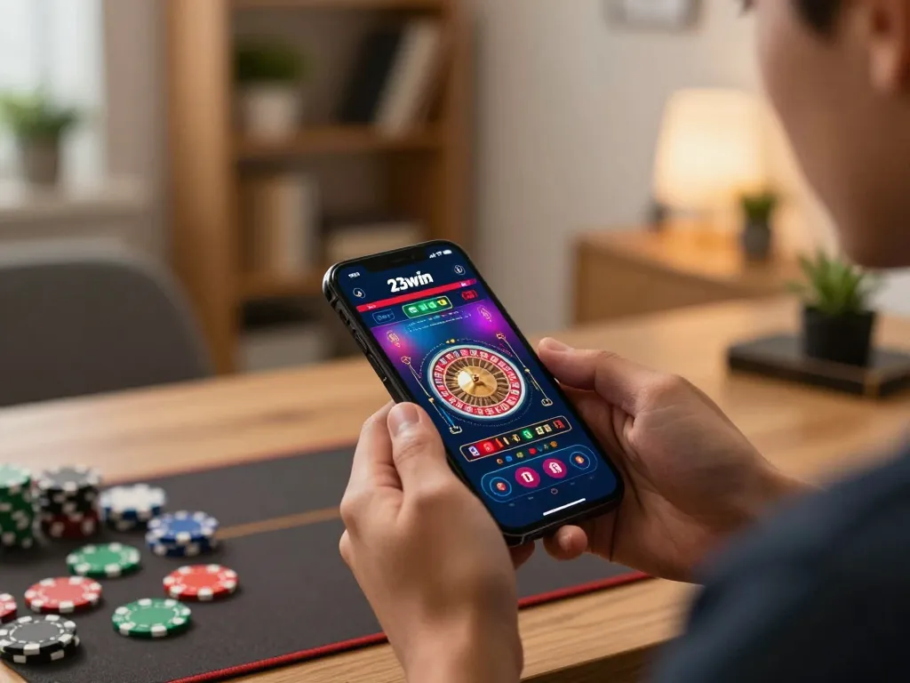 The 23win app user enjoys immersive online casino gameplay on a smartphone in a cozy home office setup.
