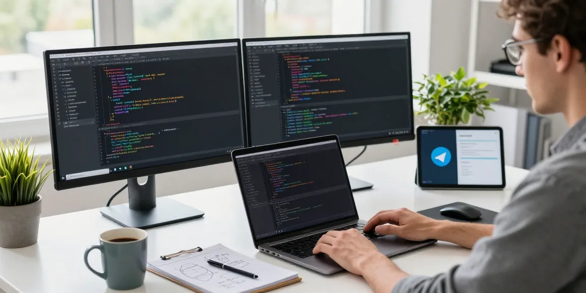 telegram官网 interface showcased on a developer's dual monitors in a modern workspace