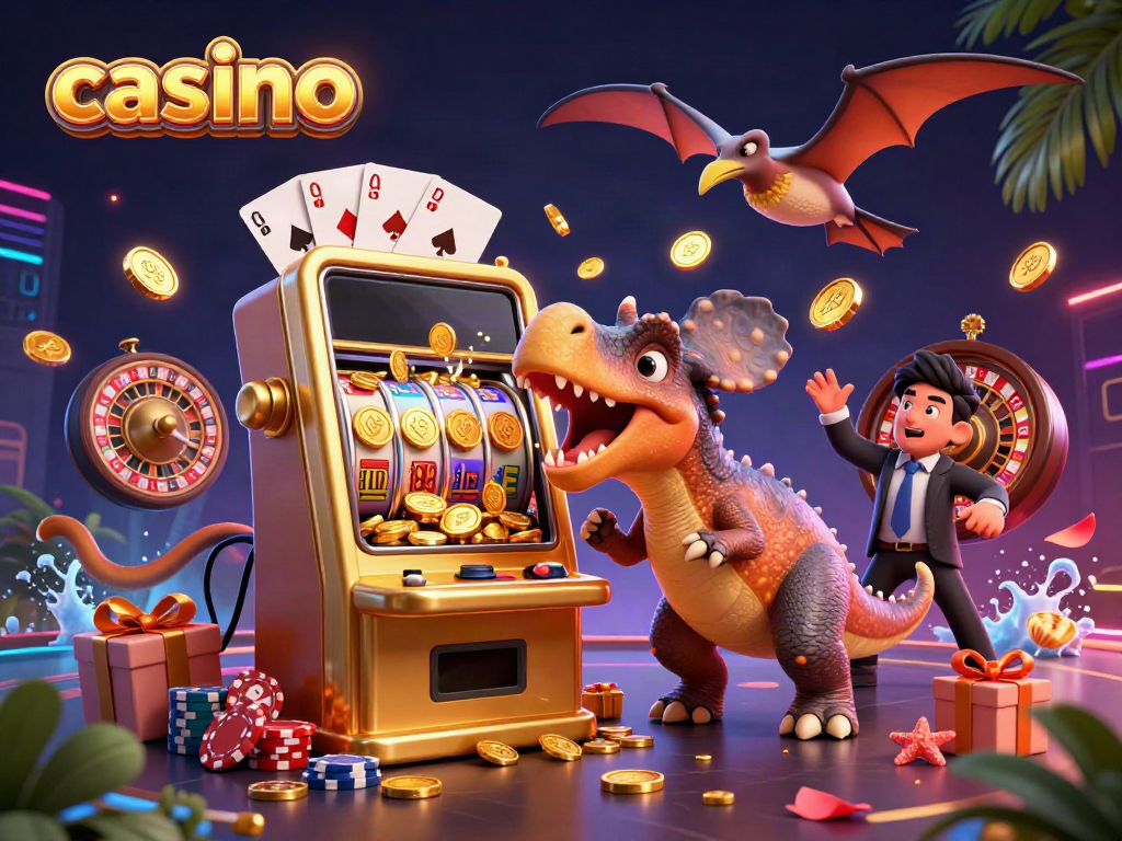 Casino-themed illustration with dinosaurs and a golden slot machine bursting with coins.