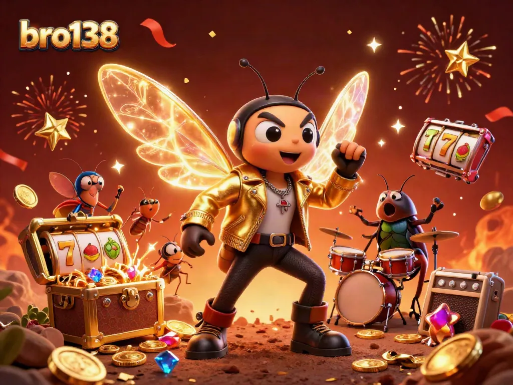 Spin big with bro138 as the rock star cicada leads the slots party surrounded by gold coins and vibrant elements.