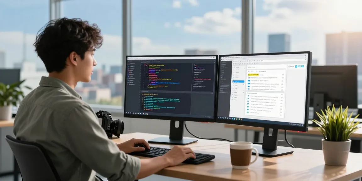 WhatsApp下載 in a modern tech workspace with a developer coding on dual monitors and a coffee mug.