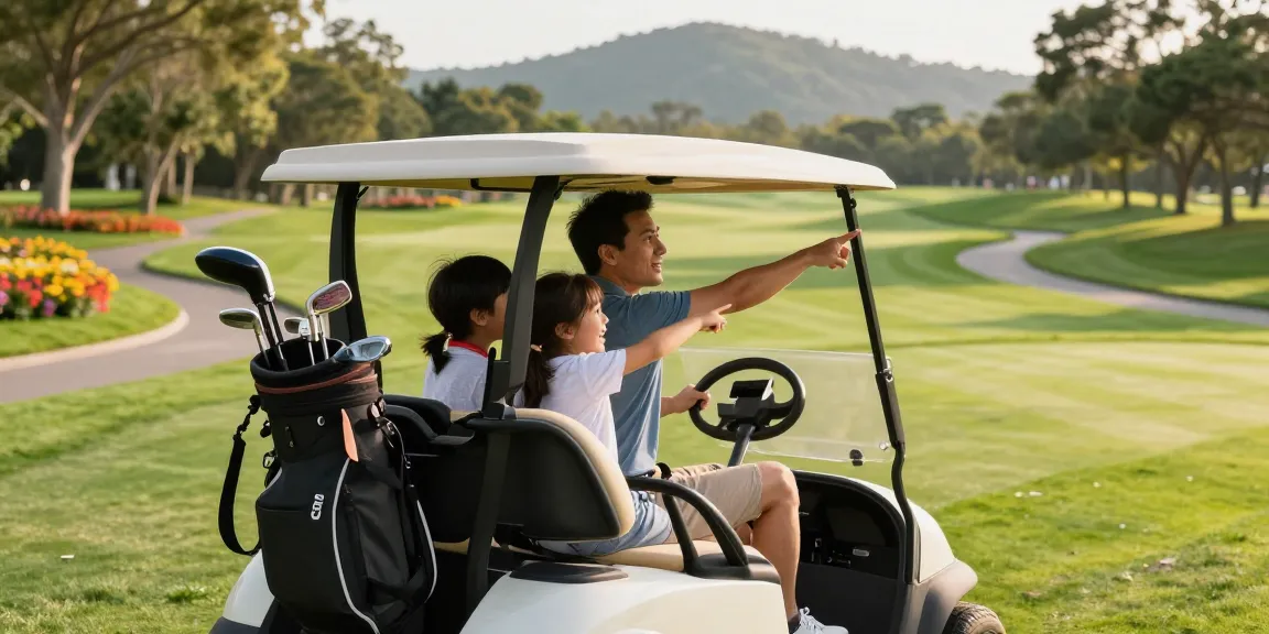 Family enjoying a golf cart enclosure while playing on a sunny course.