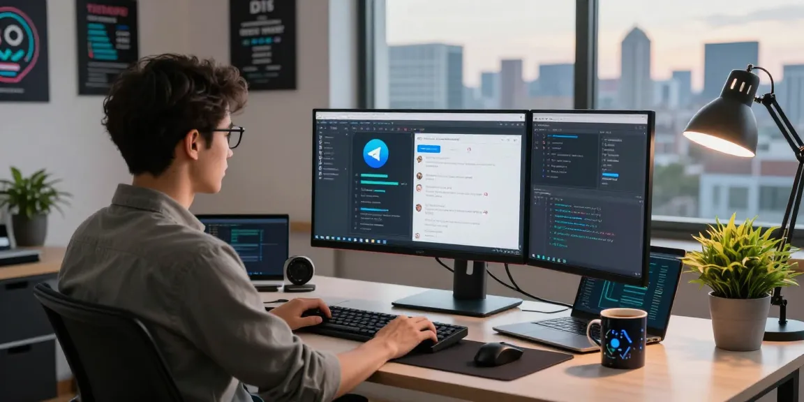 Engaging developer workspace scene featuring telegram官网 interface and coding setup.