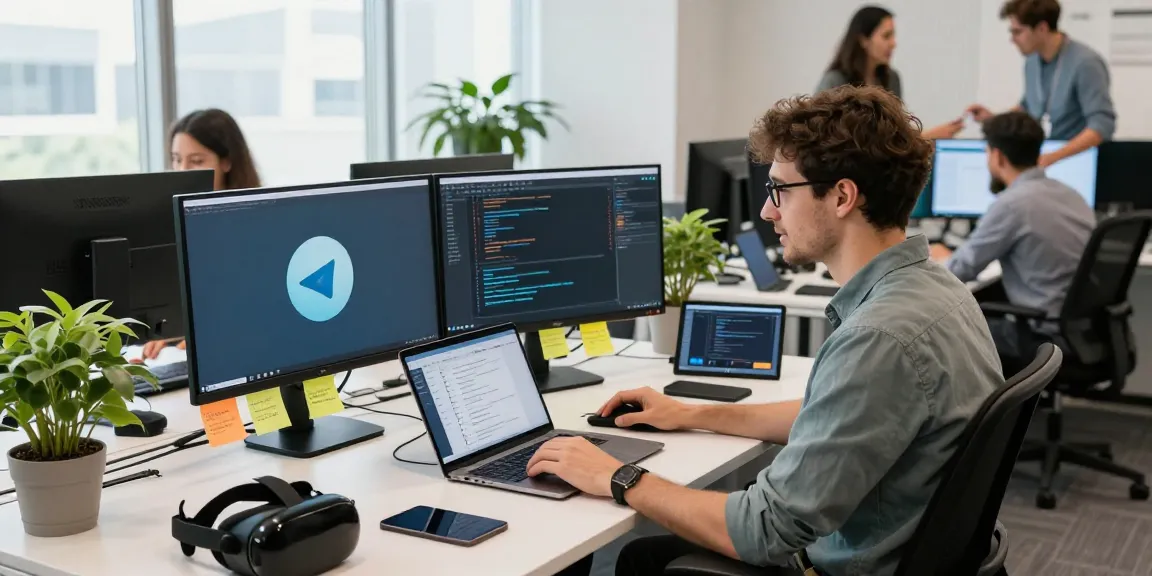 Dynamic tech workspace featuring a programmer focused on coding and Telegram, fostering a collaborative environment.