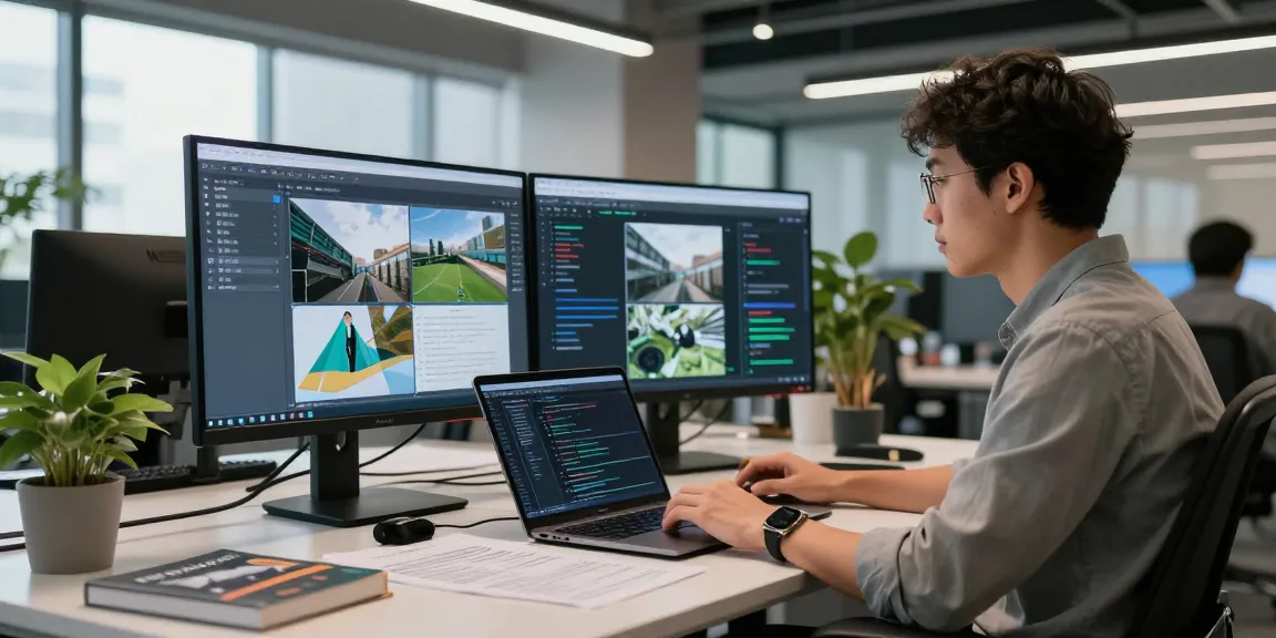 AI image checker analysis in a modern tech environment with screens showing detection results.