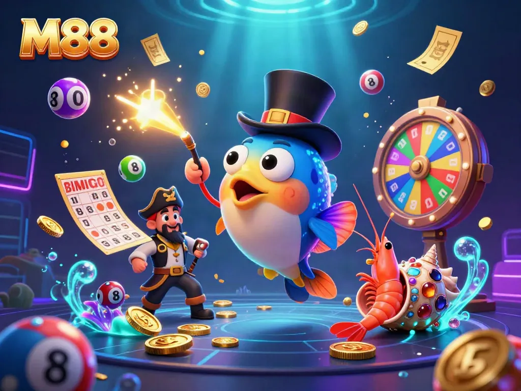 M88-themed 3D illustration of a whimsical underwater casino scene with animated characters attracting coins.