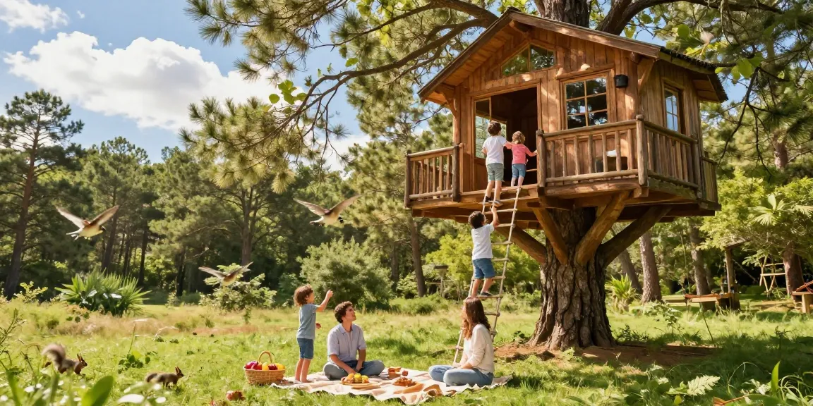 Children climbing a treehouse surrounded by nature, showcasing family adventure in the great outdoors.
