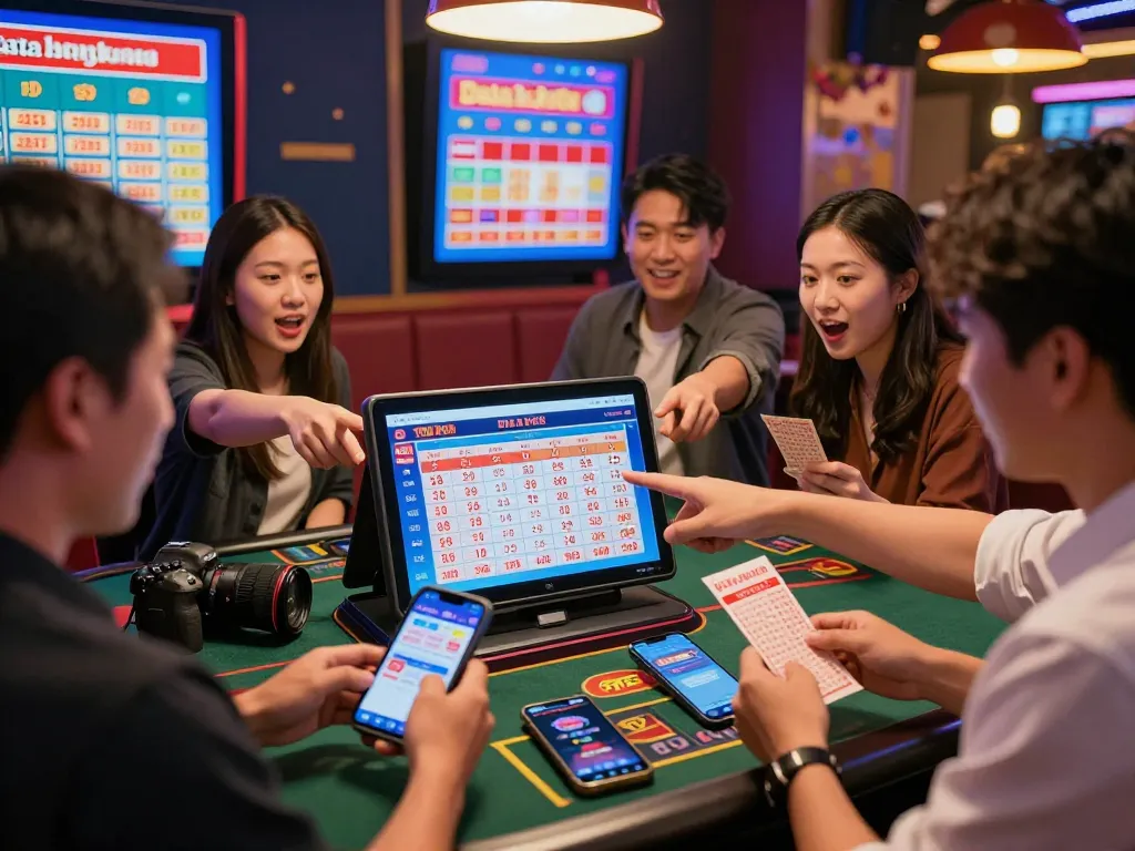 Excited players engaged with Data HK lottery results in a vibrant online gambling scene.