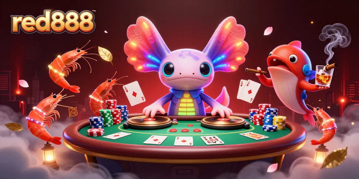 Red888 showcases an electrifying casino scene with an axolotl DJ and poker action.