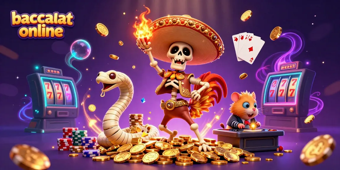 Experience baccarat online with a vibrant 3D scene of playful characters and casino elements.
