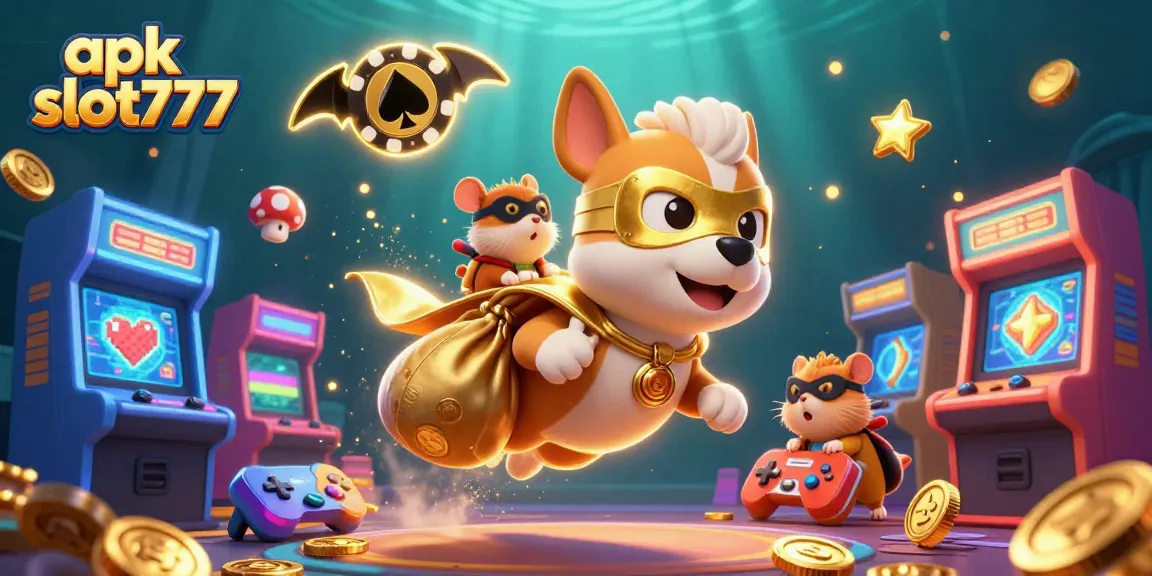 Experience the thrill of apk slot777 with dynamic characters and vibrant casino elements in this 3D illustration.